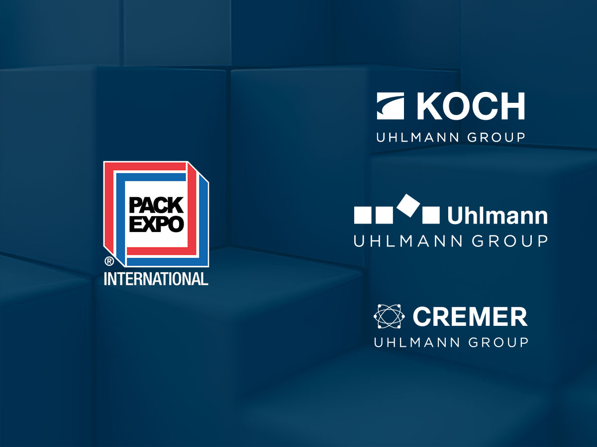 PACK EXPO International, KOCH, Uhlmann and Cremer logos on a dark blue background
